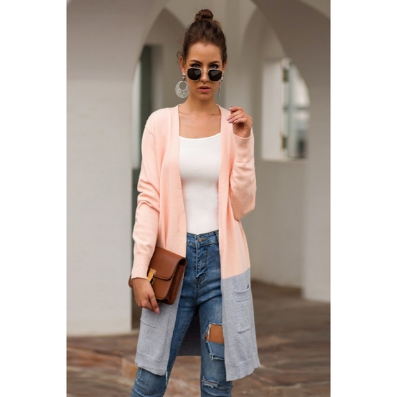 Esley Sweaters - Pink & Gray Cardigan Open Front